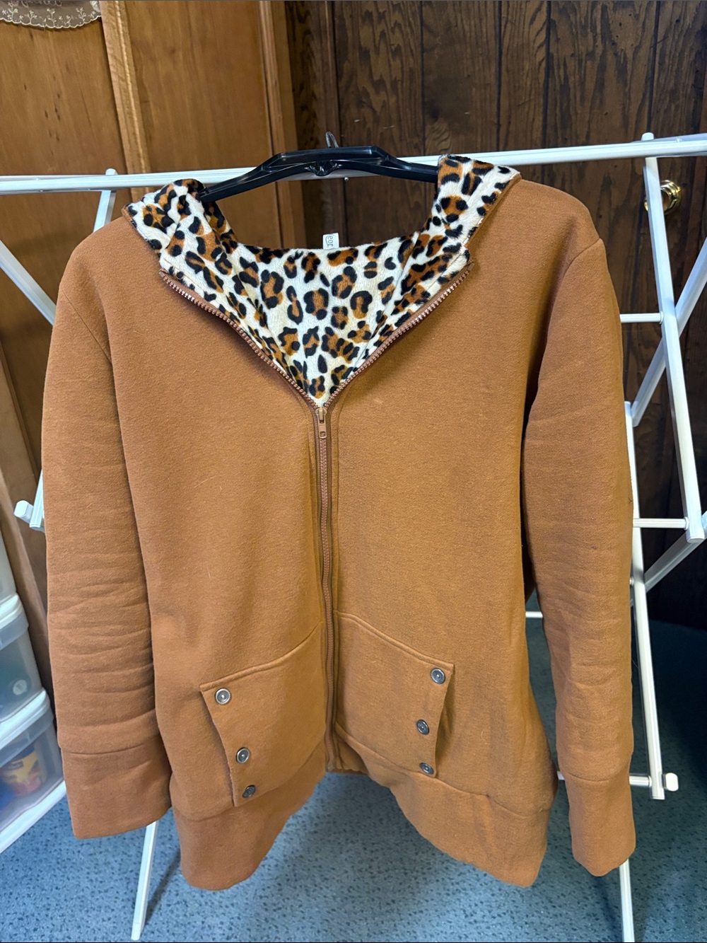Cozy Caramel Zip-Up Hoodie with Leopard Lining from London